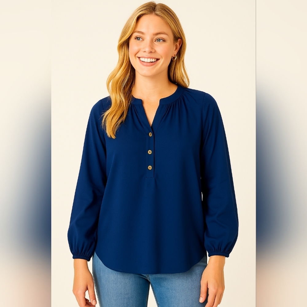 Lilly Pulitzer XS Navy 100% Silk Blouse Long Sleeve Ruched‎ Neck Side Slits...